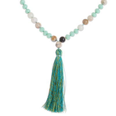 Handmade Amazonite and Crystal Beaded Long Tassel Necklace