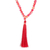 Lange Halskette mit Perlen und Quasten - Handgefertigte Halskette mit langen roten Quasten aus Achat und Kristallperlen