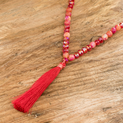Long beaded tassel necklace, 'Sea Crystals in Red' - Handmade Agate and Crystal Beaded Red Long Tassel Necklace