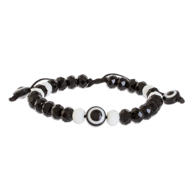 Beaded stretch bracelet, 'Black and White Amulet' - Unisex Crystal Black and White Adjustable Stretch Bracelet