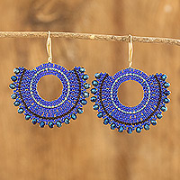 Glass beaded dangle earrings, 'Delight in Blue' - Blue and Black Glass Beaded Dangle Earrings from Costa Rica