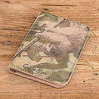 Printed leather passport holder, 'Mischievous Sloth' - Passport Holder Handcrafted with Leather in Costa Rica