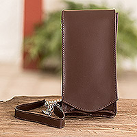 Leather cellphone wallet, 'Handy Elegance in Chocolate' - Handcrafted Chocolate Leather Cellphone Wallet