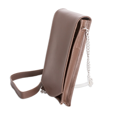 Leather cellphone wallet, 'Handy Elegance in Chocolate' - Handcrafted Chocolate Leather Cellphone Wallet