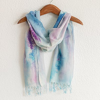 Hand-painted cotton scarf, 'Feather Fancy'