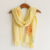 Hand-painted cotton scarf, 'Leaf Fancy' - Fringed Hand-Painted Cotton Scarf