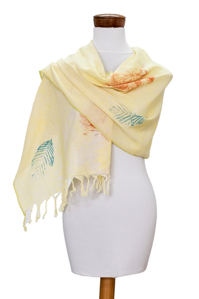 Hand-painted cotton scarf, 'Leaf Fancy' - Fringed Hand-Painted Cotton Scarf