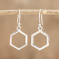 Sterling silver dangle earrings, 'Hexagon'