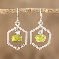 Sterling silver beaded dangle earrings, 'Hexagon in Green' - Crystal Beaded Green Sterling Silver Hexagon Dangle Earrings