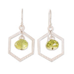 Sterling silver beaded dangle earrings, 'Hexagon in Green' - Crystal Beaded Green Sterling Silver Hexagon Dangle Earrings