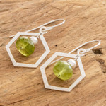 Sterling silver beaded dangle earrings, 'Hexagon in Green' - Crystal Beaded Green Sterling Silver Hexagon Dangle Earrings