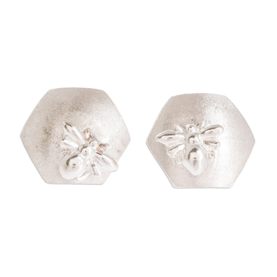 Sterling silver button earrings, ‘Sweet Little Bee’ - 925 Sterling Silver Button Earrings from Costa Rica