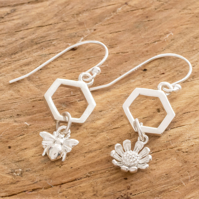 Sterling silver dangle earrings, 'Honeycomb Flower' - Costa Rican Sterling Silver Bee and Flower Dangle Earrings