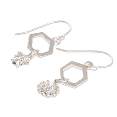 Sterling silver dangle earrings, 'Honeycomb Flower' - Costa Rican Sterling Silver Bee and Flower Dangle Earrings