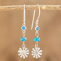 Sterling silver beaded dangle earrings, 'Turquoise Daisies' - Crystal Beaded Sterling Silver Floral Dangle Earrings