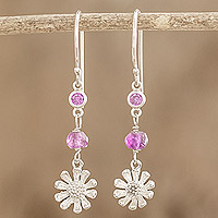 Sterling silver beaded dangle earrings, 'Purple Daisies' - Crystal Beaded 925 Sterling Silver Floral Dangle Earrings