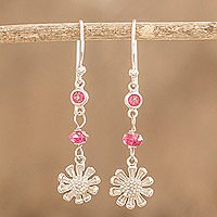 Sterling silver beaded dangle earrings, 'Burgundy Daisies' - Crystal Beaded Sterling Silver Floral Dangle Earrings