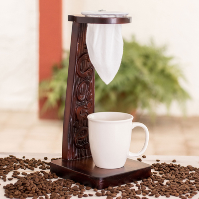 Soporte de café de goteo de una sola porción de madera, 'Café' - Soporte de café de goteo tallado a mano para uno