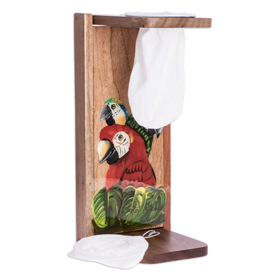 Wood single-serve drip coffee stand, 'Coffee with Parrots' - Bird Motif Single-Serve Coffee Stand
