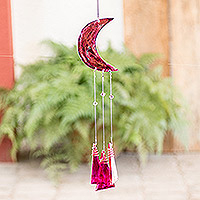 Recycled glass mobile, 'Moon in Pink' - Pink Moon Mobile Handcrafted with Recycled Glass and Wood