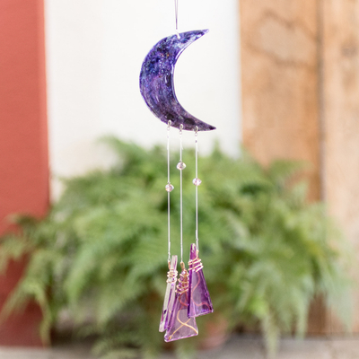 Recycled glass mobile, 'Moon in Purple' - Purple Moon Mobile Handcrafted with Recycled Glass and Wood