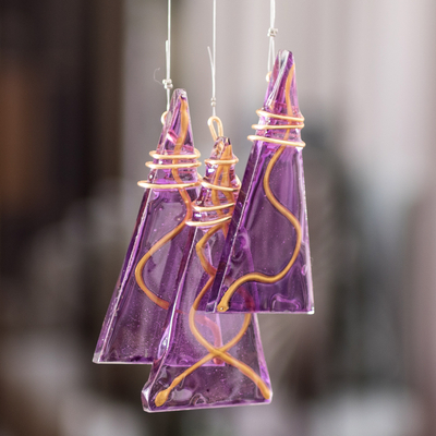 Recycled glass mobile, 'Moon in Purple' - Purple Moon Mobile Handcrafted with Recycled Glass and Wood