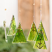 Recycled glass windchime, 'Crystal Nature' - Recycled Hand-Painted Glass Green and Gold Windchime