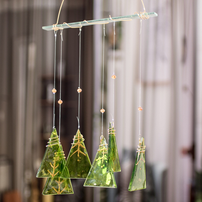 Recycled glass windchime, 'Crystal Nature' - Recycled Hand-Painted Glass Green and Gold Windchime
