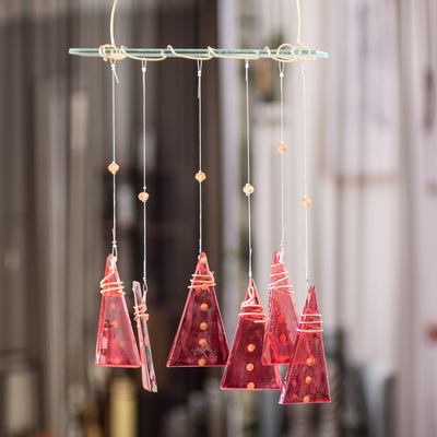 Recycled glass windchime, 'Red Illusion' - Recycled Glass Red Geometric Windchime Crafted in Costa Rica