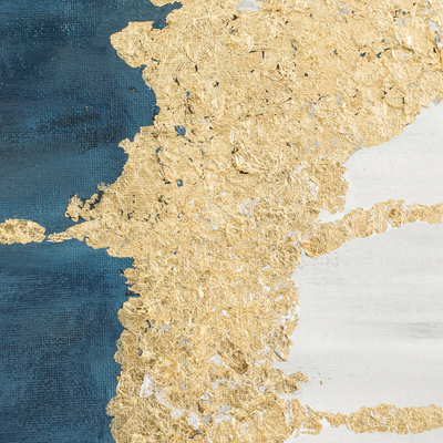 'Deep Blue' - Pintura acrílica abstracta con detalles dorados.