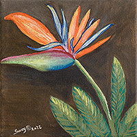 „Paradiesvogel“ – Acryl-Blumengemälde auf Leinwand