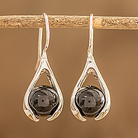 Jade dangle earrings, 'Black Claw' - Handmade Sterling Silver Jade Dangle Earrings from Guatemala