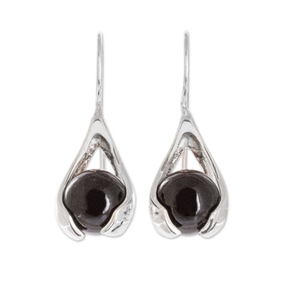 Jade dangle earrings, 'Black Claw' - Handmade Sterling Silver Jade Dangle Earrings from Guatemala