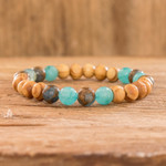 Gemstone and wood beaded stretch bracelet, 'Boho Essential' - Bracelet Handmade with Aquamarine Amazonite Ash Wood Beads