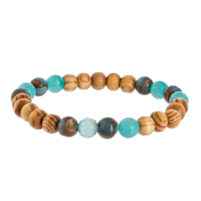 Bracelet Handmade with Aquamarine Amazonite Ash Wood Beads