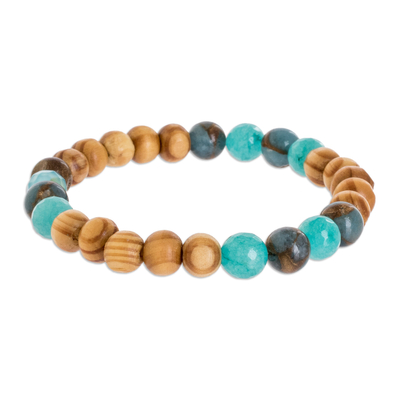 Gemstone and wood beaded stretch bracelet, 'Boho Essential' - Bracelet Handmade with Aquamarine Amazonite Ash Wood Beads