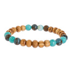 Gemstone and wood beaded stretch bracelet, 'Boho Essential' - Bracelet Handmade with Aquamarine Amazonite Ash Wood Beads