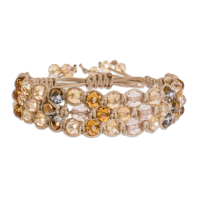 Beaded macrame crystal bracelet, 'Boho Sand' - Hand-Knotted Macrame Bracelet with Crystal Beads