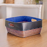 Leather accent natural fiber basket, 'Bold Blue Beauty' - Leather and Pine Needle Decorative Basket from Nicaragua
