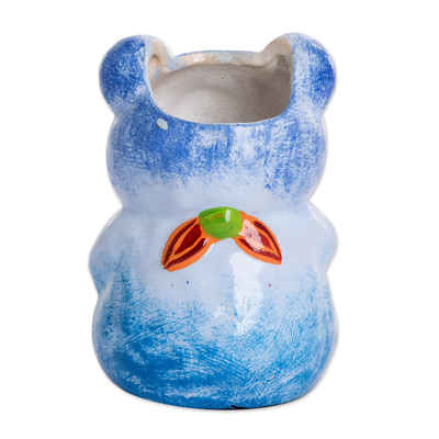 Ceramic mini flower pot, 'Herbaceous Bear' - Hand-painted Mini Ceramic Bear Flower Pot from Guatemala