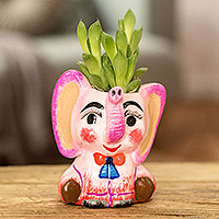 Ceramic mini flower pot, 'Herbaceous Elephant' - Handpainted Mini Ceramic Elephant Flower Pot from Guatemala