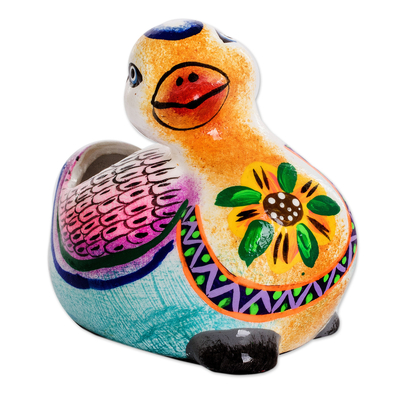 Ceramic mini flower pot, 'Herbaceous Duck' - Handpainted Mini Ceramic Duck Flower Pot from Guatemala