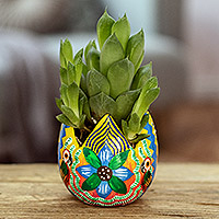 Ceramic mini flower pot, 'Colorful Festivity' - Handpainted Floral Mini Ceramic Flower Pot from Guatemala