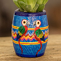 Ceramic mini flower pot, 'Colorful Macaws' - Hand-painted Ceramic Mini Flower Pot Crafted in Guatemala