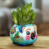 Ceramic mini flower pot, 'Herbaceous Piglet' - Handpainted Mini Ceramic Pig Flower Pot from Guatemala