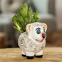 Ceramic mini flower pot, 'Herbaceous Sheep' - Handpainted Mini Ceramic Sheep Flower Pot from Guatemala