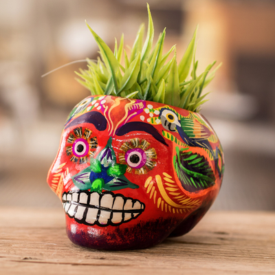 Ceramic mini flower pot, 'Herbaceous Cranium' - Multicolour Skull-Like Ceramic Mini Flower Pot from Guatemala