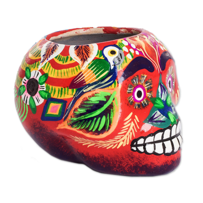 Mini macetero de cerámica - Minimaceta de cerámica con forma de calavera multicolor de Guatemala