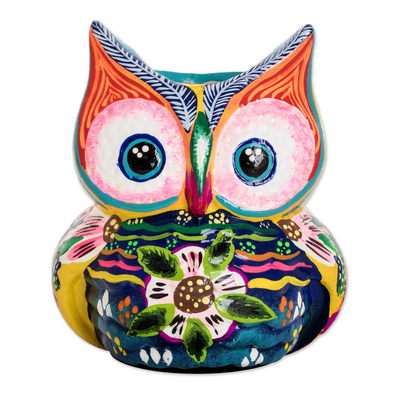 Ceramic mini flower pot, 'Herbaceous Owl' - Handpainted Mini Ceramic Flower Pot from Guatemala