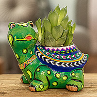 Small ceramic flower pot, 'Mountain Turtle' - Hand-Painted Small Turtle Ceramic Flower Pot from Guatemala